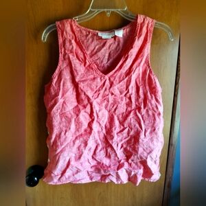 Isaac Mizrahi Coral Red 100% Linen V Neck Tank Top Wirh Button Detail M